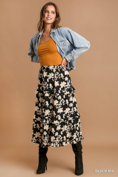 Black Mix Floral Ruffle Skirt