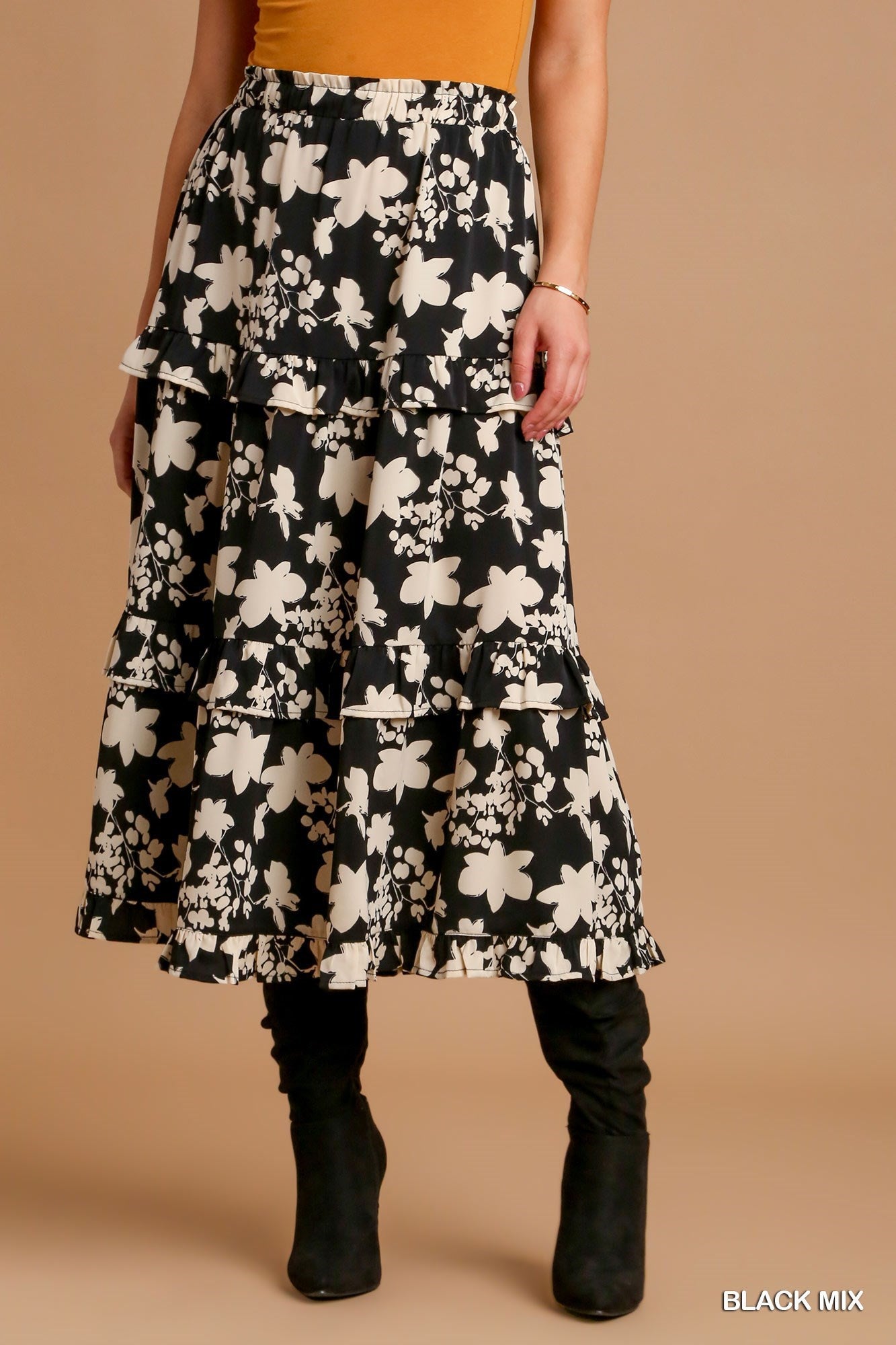 Black Mix Floral Ruffle Skirt