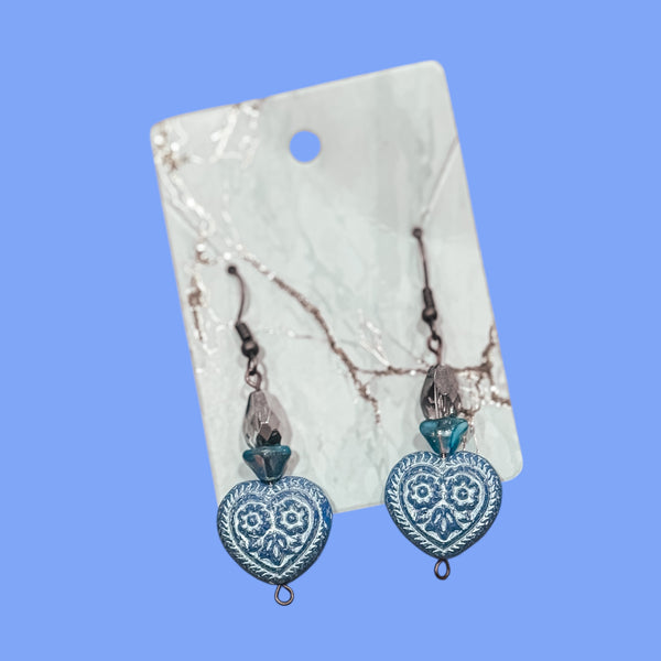 Blue Czech Heart Earrings