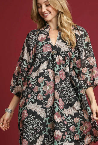 Black Floral Print Ruffle Neck Dress