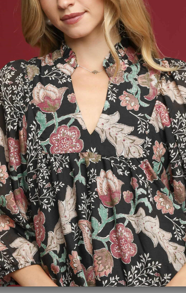Black Floral Print Ruffle Neck Dress