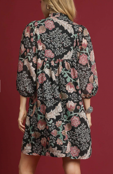 Black Floral Print Ruffle Neck Dress