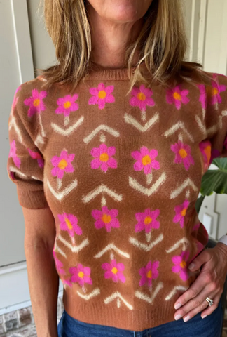 Rustic Brown Floral Short Puff Sleeve Sweater