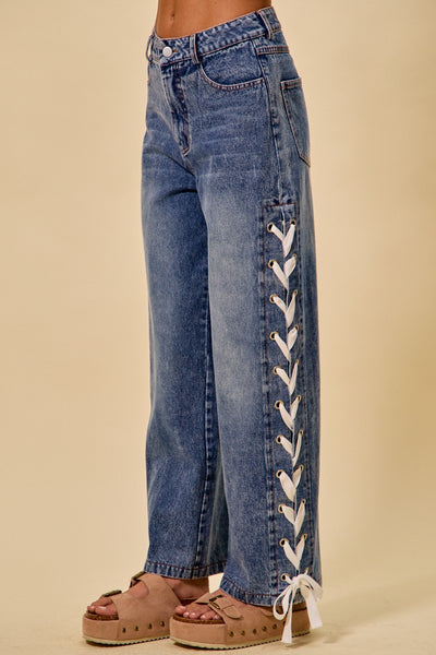 Mid Rise Lace Up Ribbon Jeans