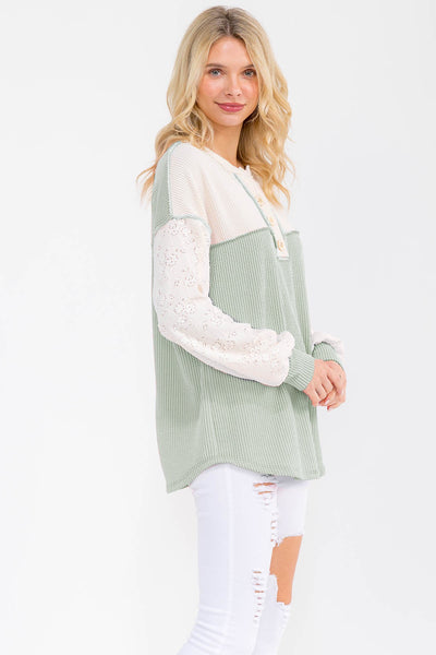 Sage Two Tone Ribbed Lace Detail Top
