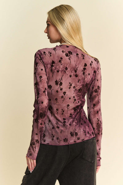 Burgundy Floral Burnout Mesh Top