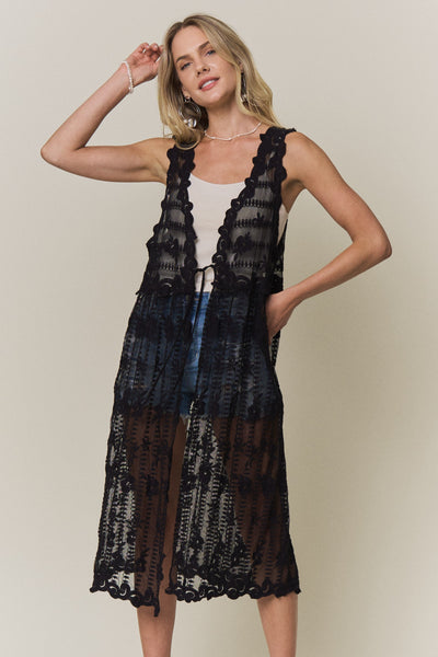 Black Sheer Lace Longline Vest