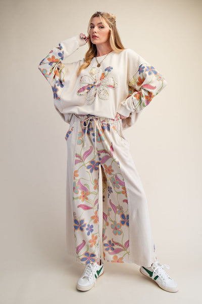 Khaki Floral Mix Washed Terry Pants