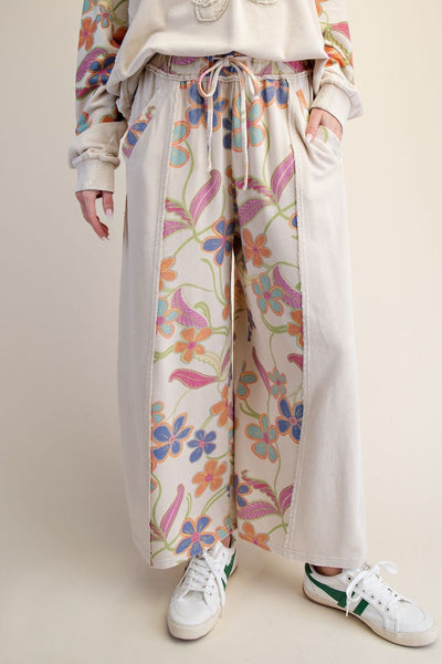 Khaki Floral Mix Washed Terry Pants
