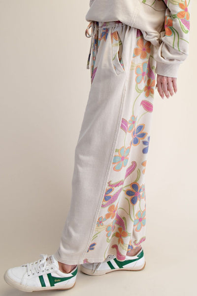 Khaki Floral Mix Washed Terry Pants