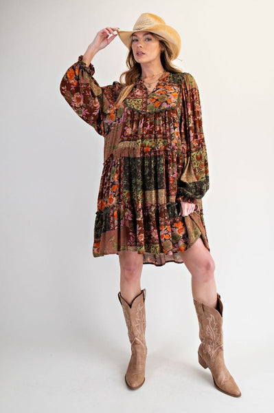 Olive & Brown Floral Pattern Mix Dress