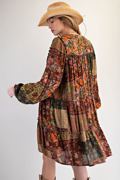 Olive & Brown Floral Pattern Mix Dress