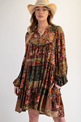 Olive & Brown Floral Pattern Mix Dress