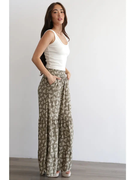 Farren Olive Floral Boho Pants