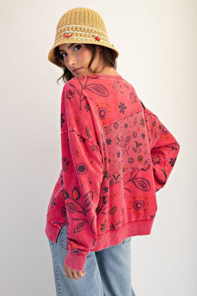 Boho Red Floral Terry Pullover