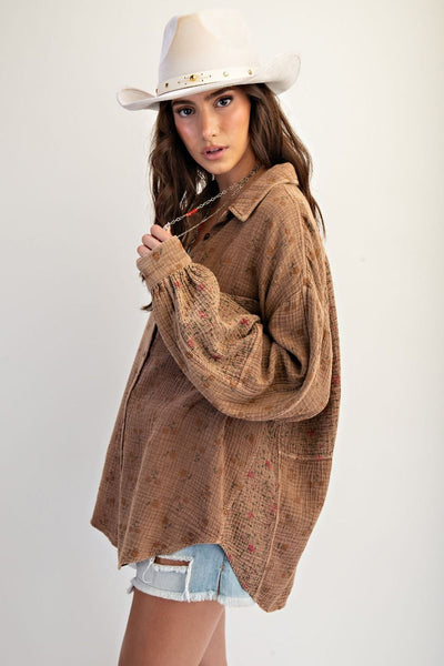 Mocha Floral Cotton Gauze Button Shirt
