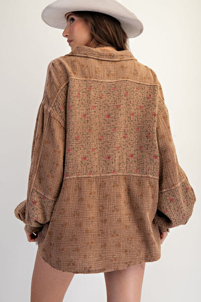 Mocha Floral Cotton Gauze Button Shirt