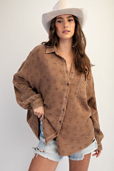 Mocha Floral Cotton Gauze Button Shirt