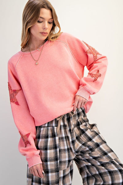 Coral Patchwork Star Terry Pullover