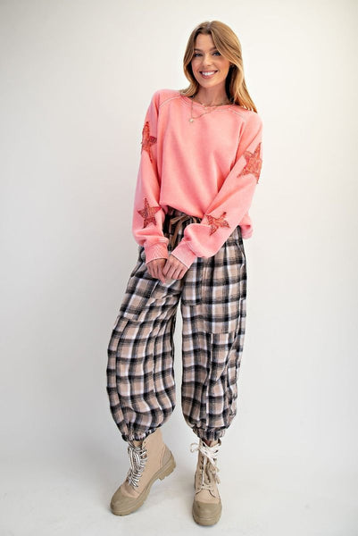 Coral Patchwork Star Terry Pullover