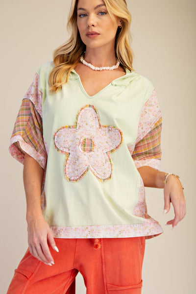 Light Sage Floral Patch Mix Top