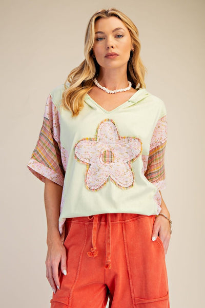 Light Sage Floral Patch Mix Top