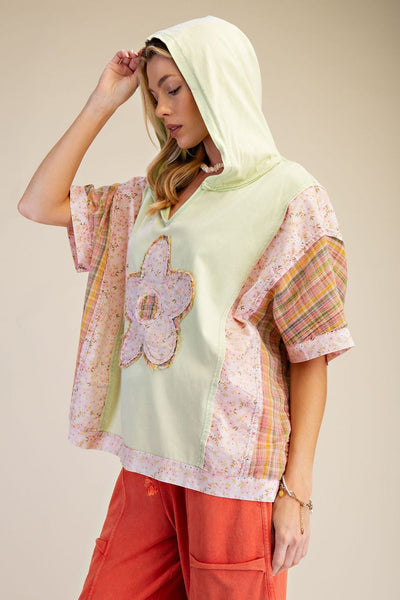 Light Sage Floral Patch Mix Top