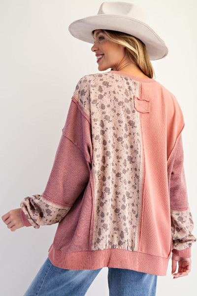 Mauve Floral Mix Washed Terry Pullover