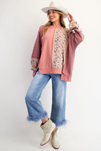 Mauve Floral Mix Washed Terry Pullover