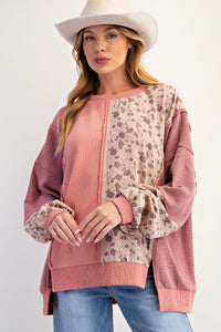 Mauve Floral Mix Washed Terry Pullover