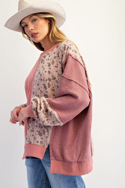 Mauve Floral Mix Washed Terry Pullover