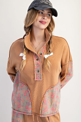 Camel Floral Print Terry Pullover