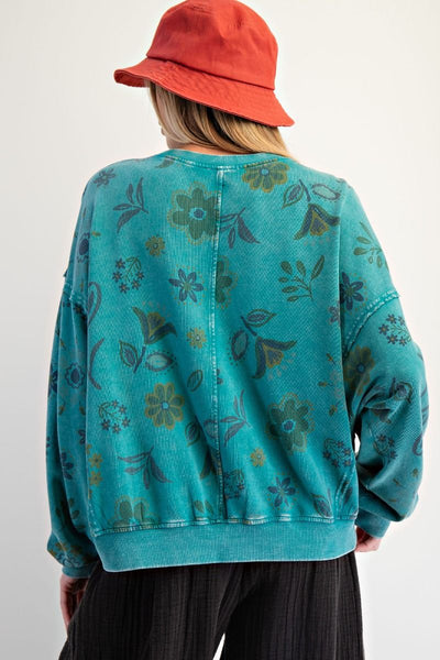 Turquoise Floral Terry Pullover