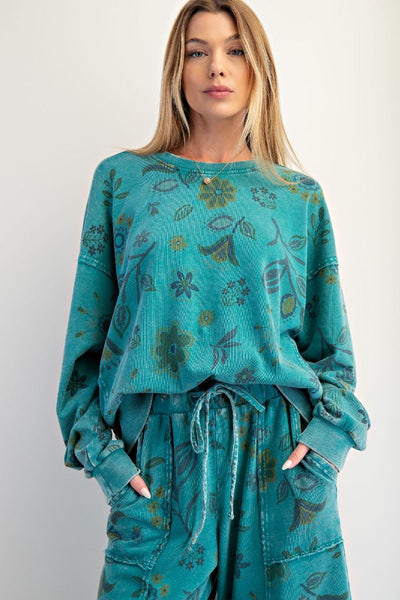 Turquoise Floral Terry Pullover