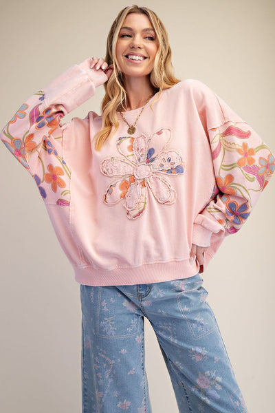 Coral Floral Patch French Terry Pullover