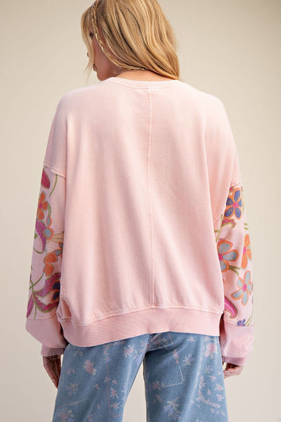 Coral Floral Patch French Terry Pullover