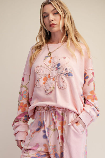 Coral Floral Patch French Terry Pullover
