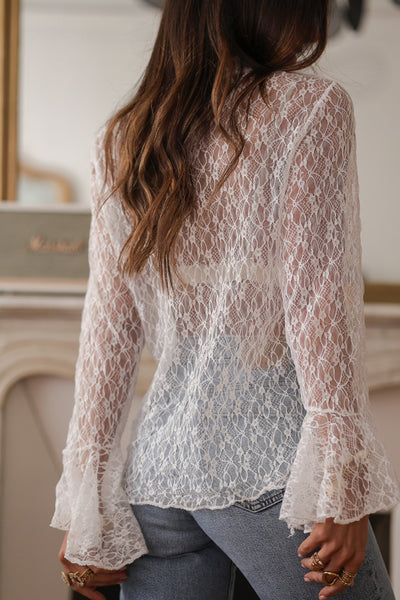 White Lace Bell Sleeve Mock Neck Mesh Top