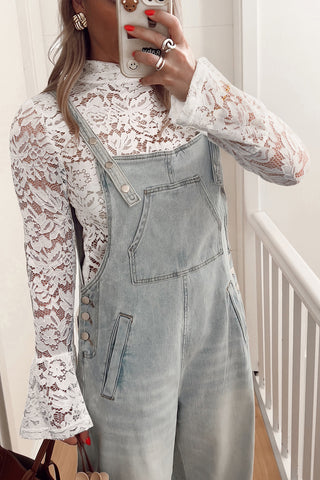 White Lace Bell Sleeve Mock Neck Top