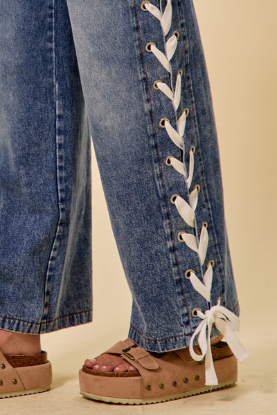Mid Rise Lace Up Ribbon Jeans
