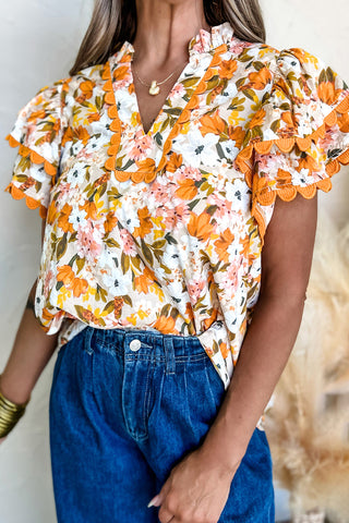 Vintage Orange Ruffled Scalloped Floral Blouse