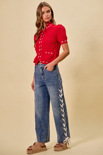 Mid Rise Lace Up Ribbon Jeans