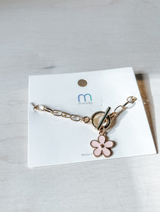 Pink Flower Charm Toggle Bracelet