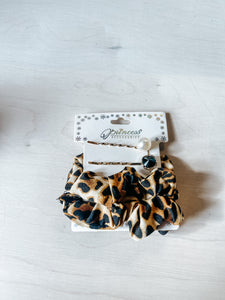 Caramel Leopard Scrunchie & Clip Set