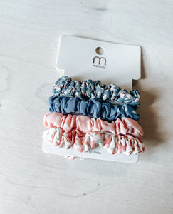 Blue & Pink Floral Hair Scrunchie Set
