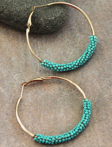 Turquoise Seed Bead Gold Hoops
