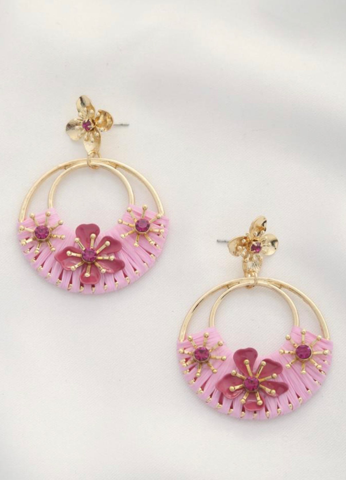 Pink Flower Raffia Wrapped Round Dangles