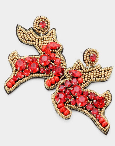 Red Crystal Beaded Reindeer Earrings